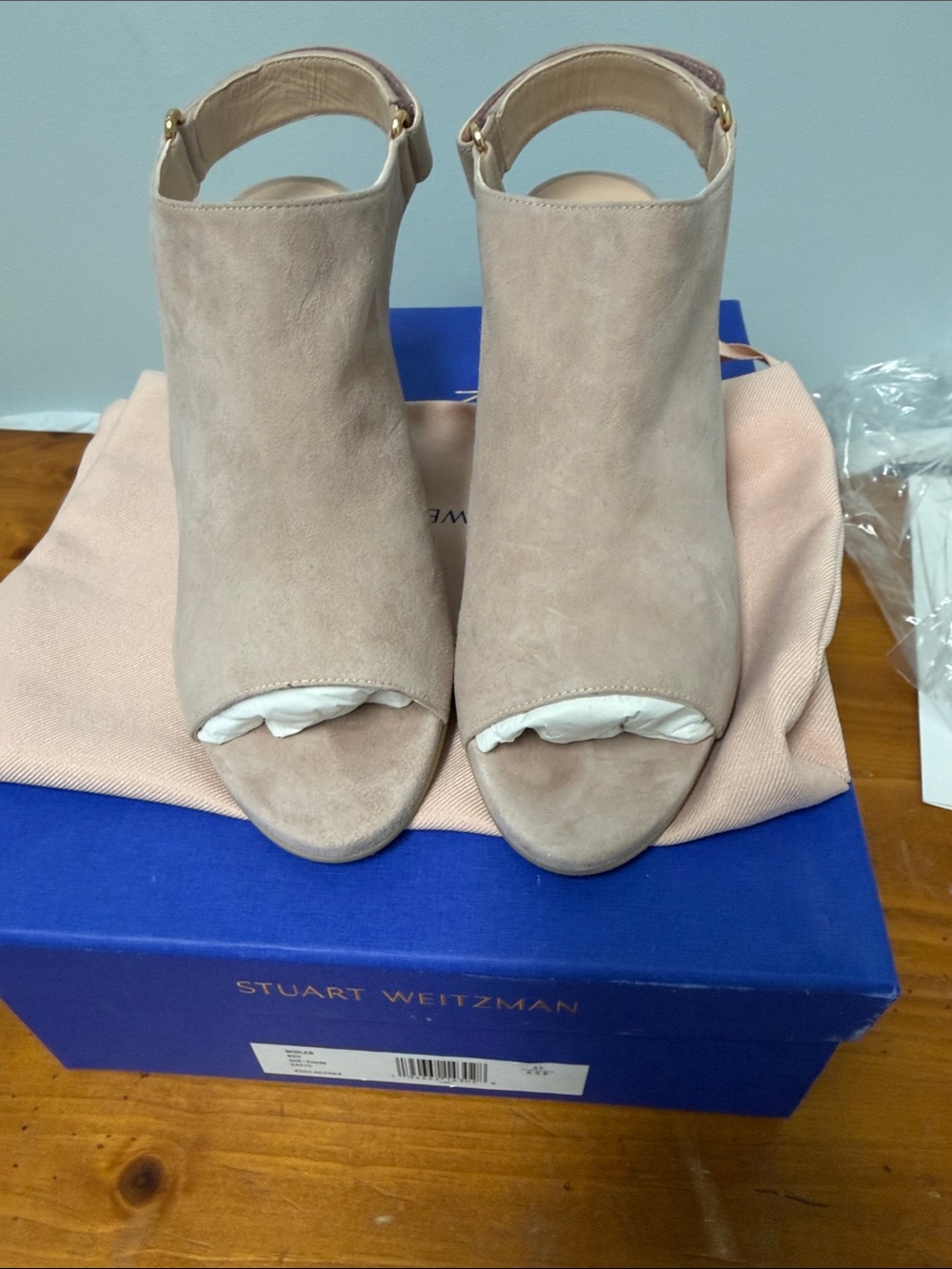 Stuart Weitzman Miller Blush Suede Peep-Toe Mules 6.5